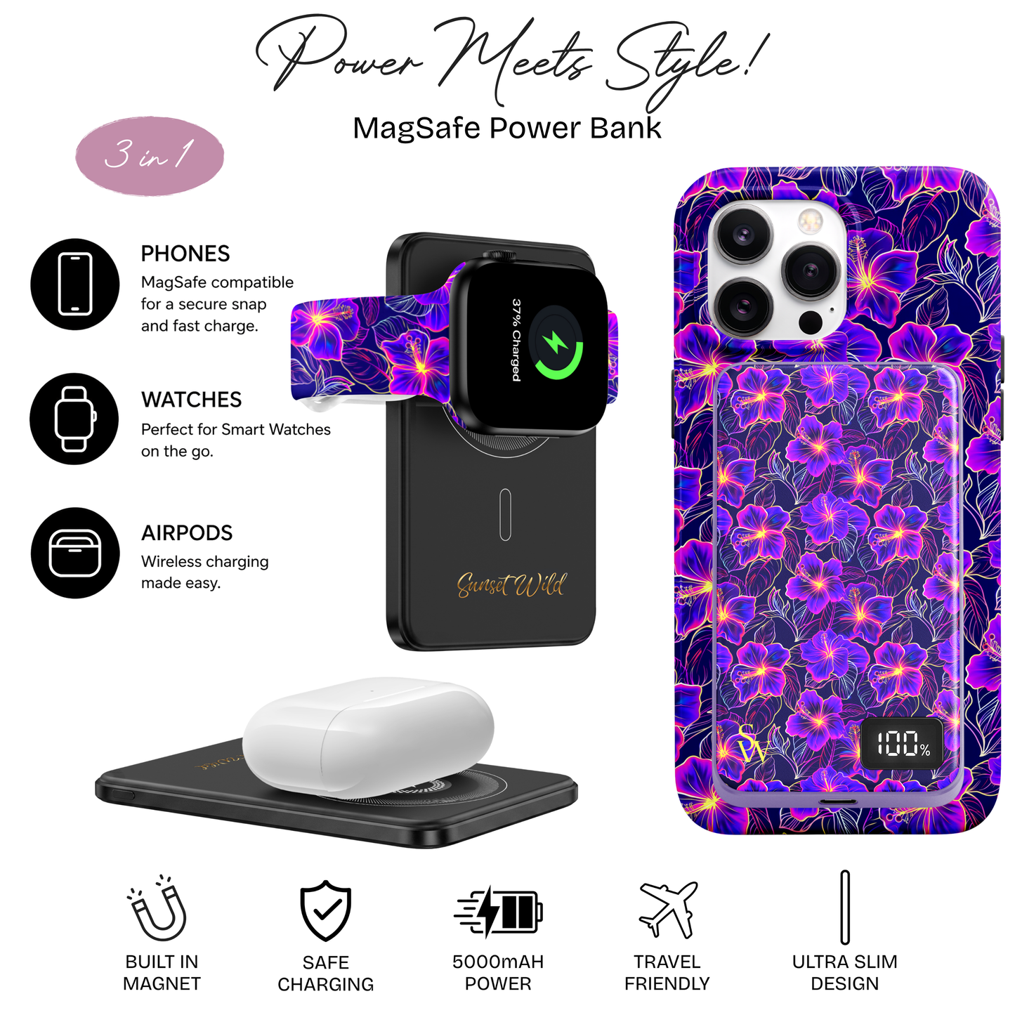 Neon Hibiscus Power Bank